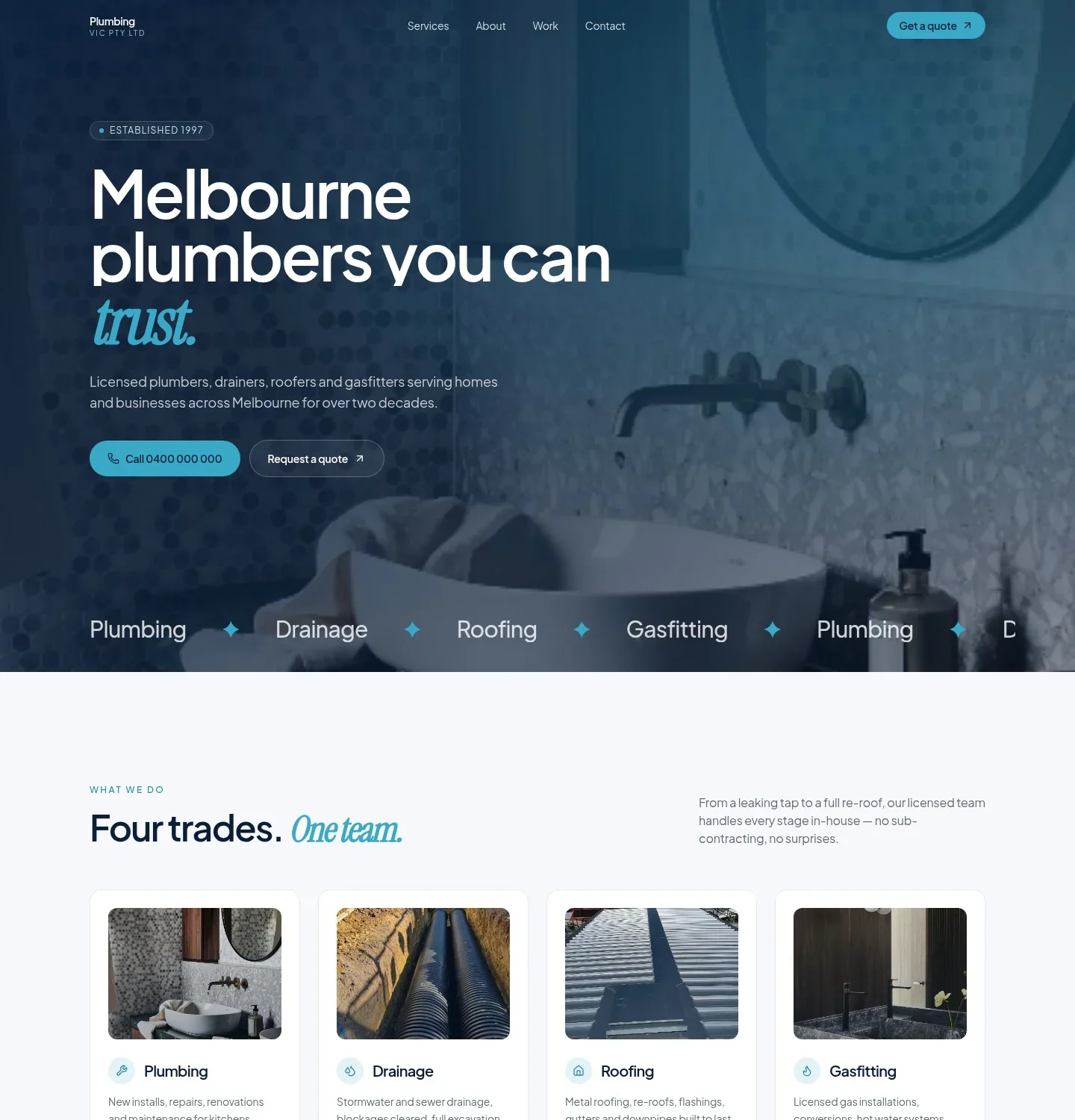 Homepage of the trades website — hero, navigation and services